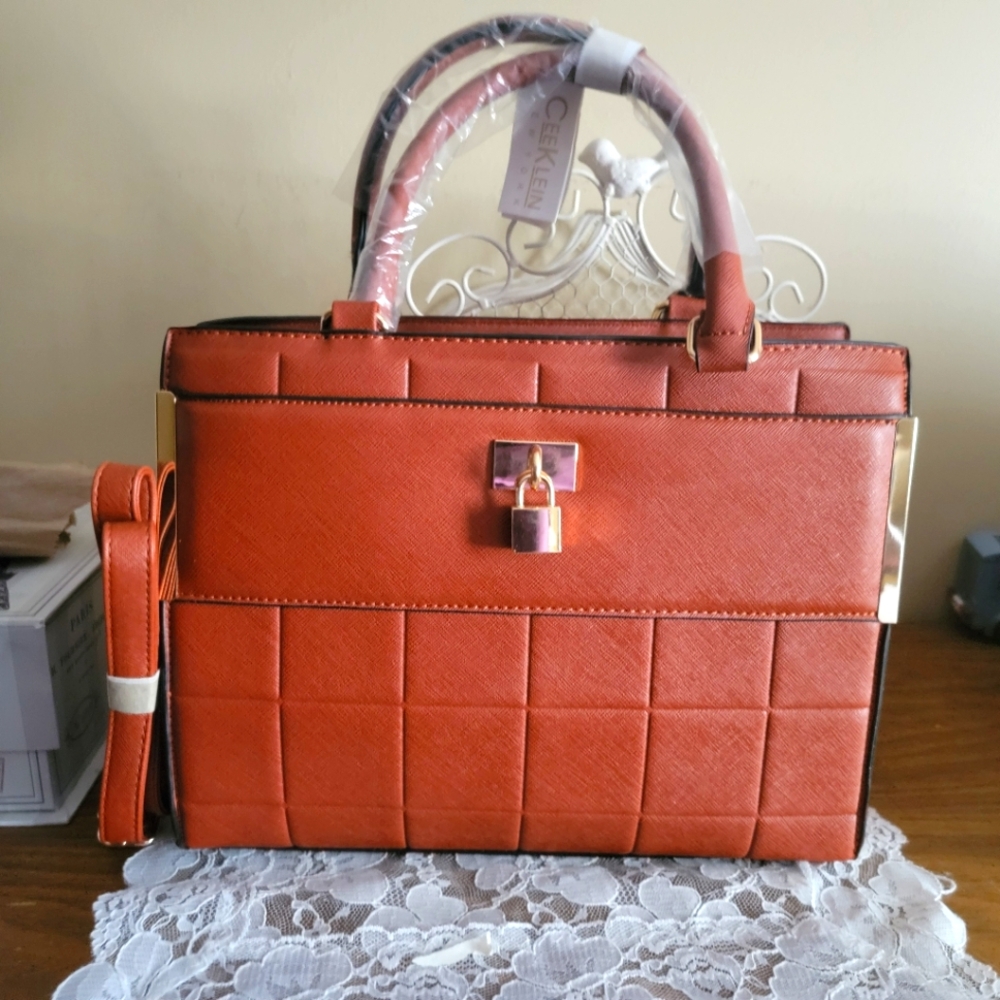 CeeKlein Shoulder Tote Oxblood Brown With Gold Tone Hardware NWT